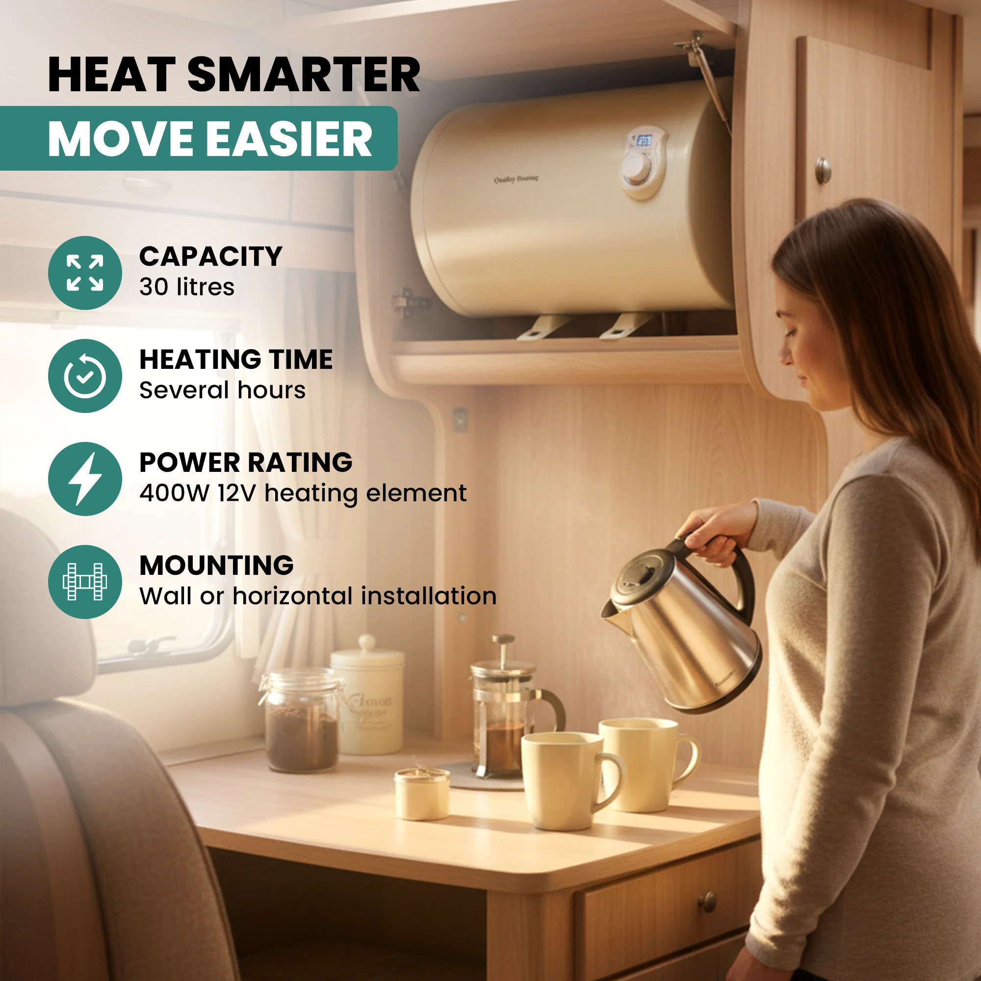 30 Litre QH 12V DC Caravan Horizontal Water Heater - Image 4