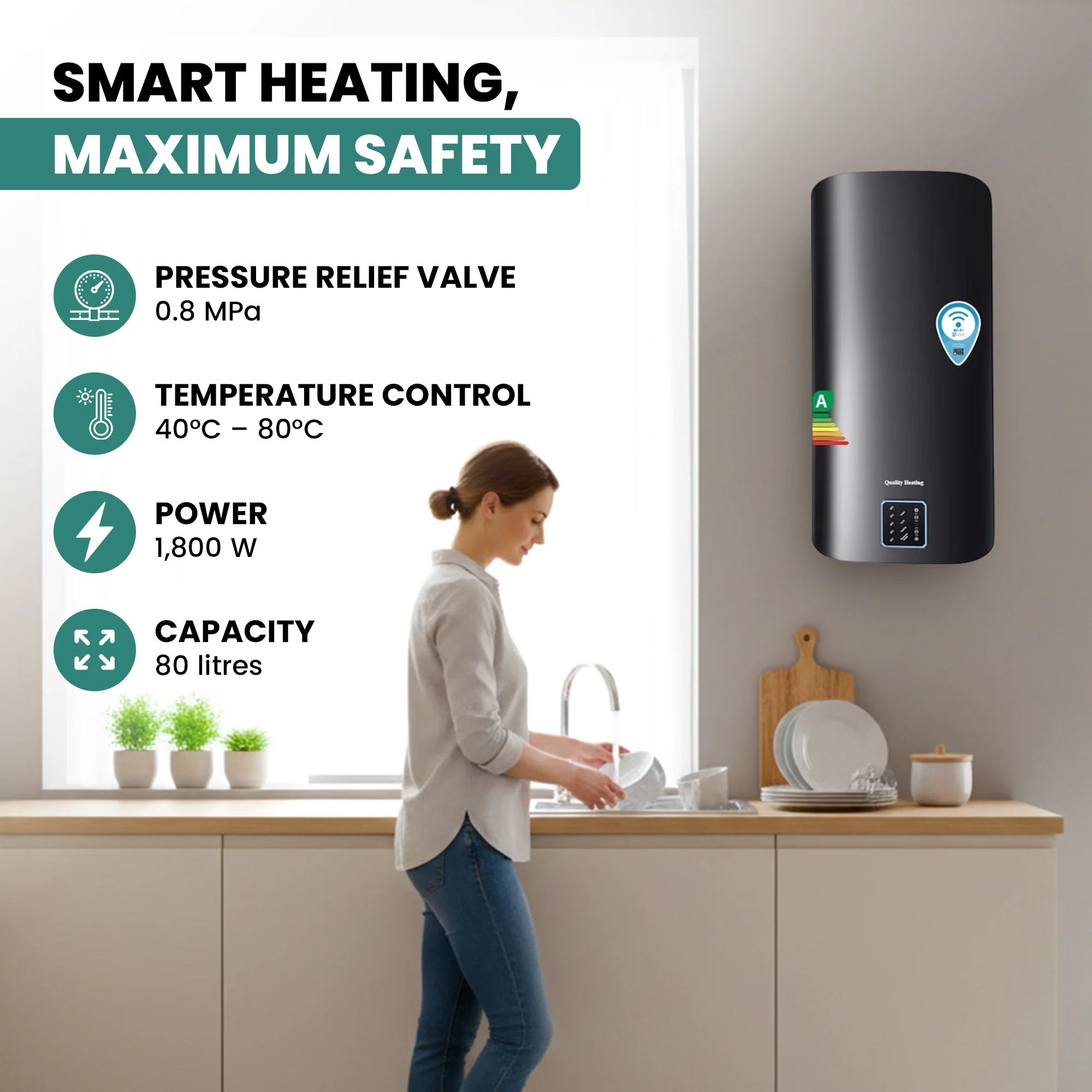 80 Litre QH Flat A-rated Electric Storage Water Heater WiFi Stainless steel tank - Image 3