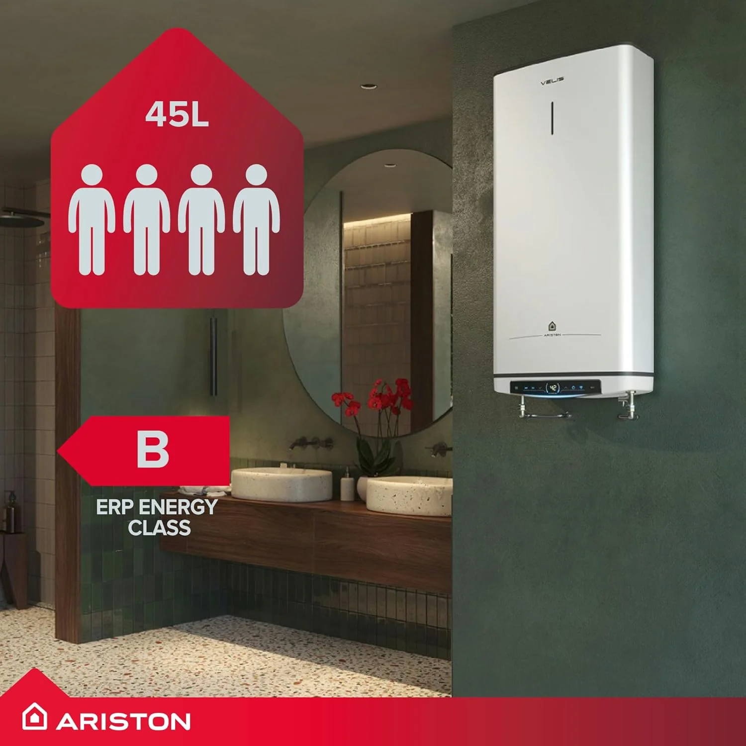 Ariston Velis Pro 45L Wall-Hung Unvented Electric Water Heater — 1.5kW Twin Tank ErP B - Image 4