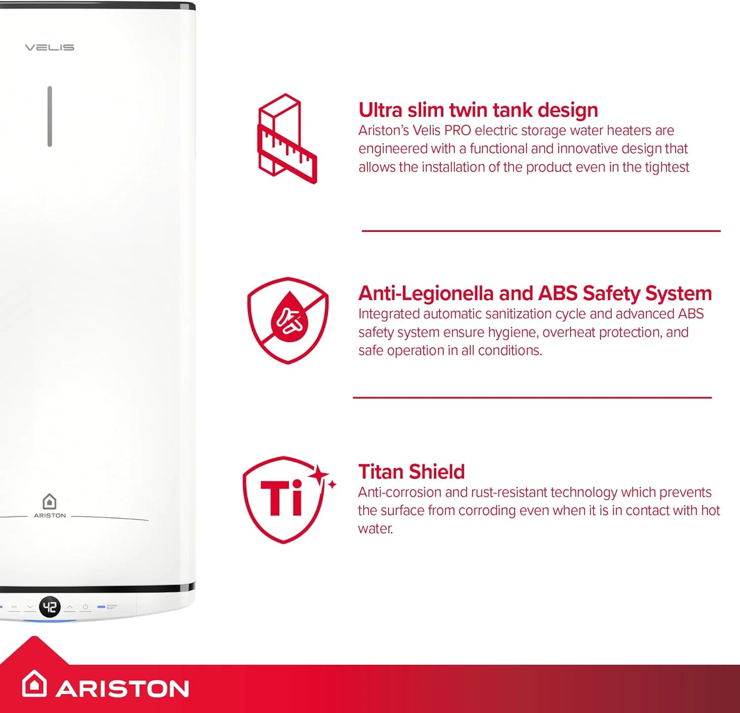 Ariston Velis Pro 45L Wall-Hung Unvented Electric Water Heater — 1.5kW Twin Tank ErP B - Image 7