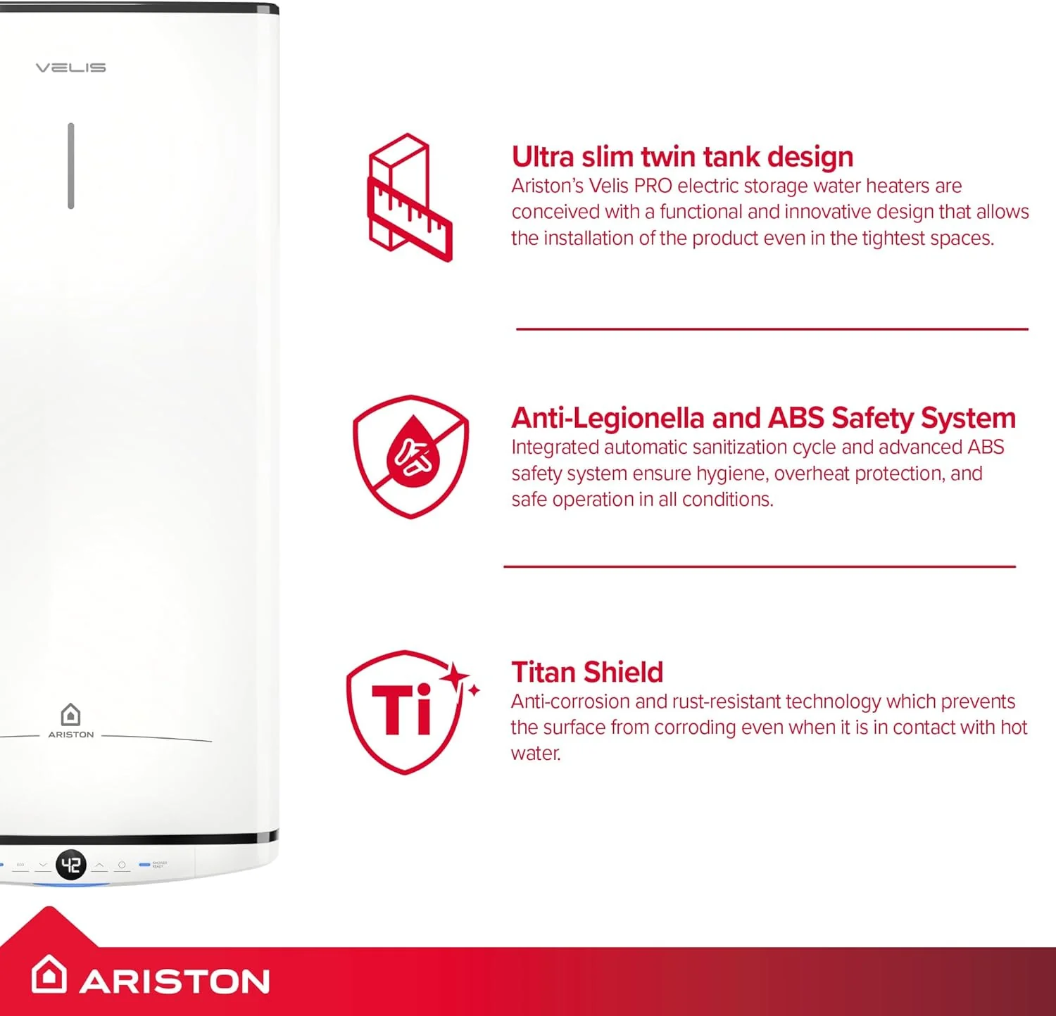 Ariston Velis Pro 80L Wall-Hung Unvented Electric Water Heater — 1.5kW Twin Tank - Image 4