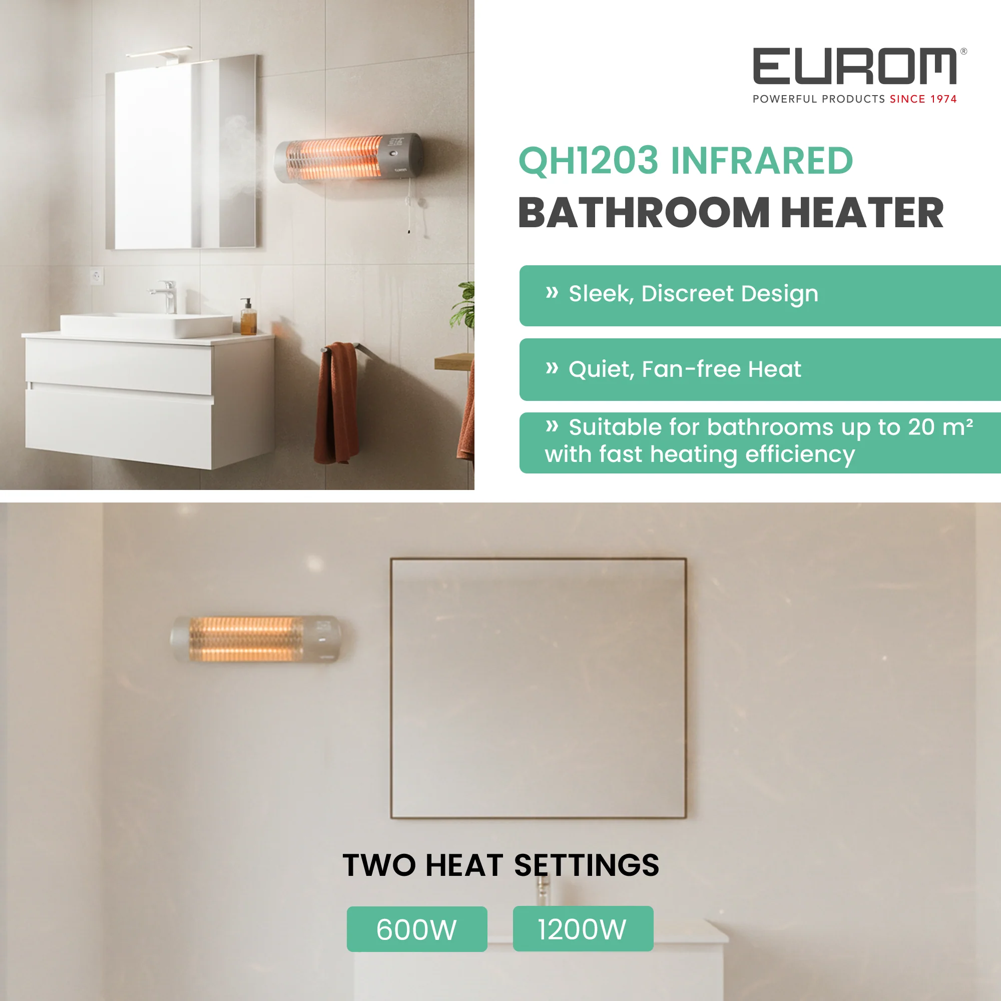Eurom Infrared Bathroom Heater 1200W Wall-Mounted - Image 2