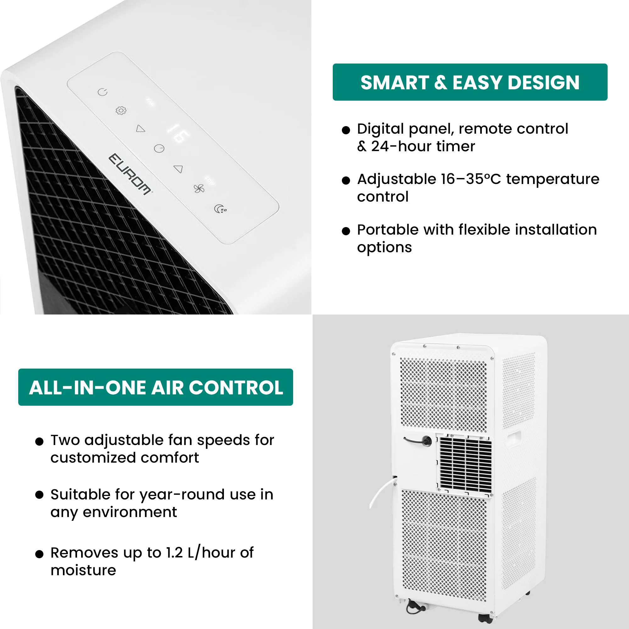 Eurom PAC 12000 BTU Compact Portable Air Conditioner, Dehumidifier & Fan | Wi-Fi, Class A - Image 3