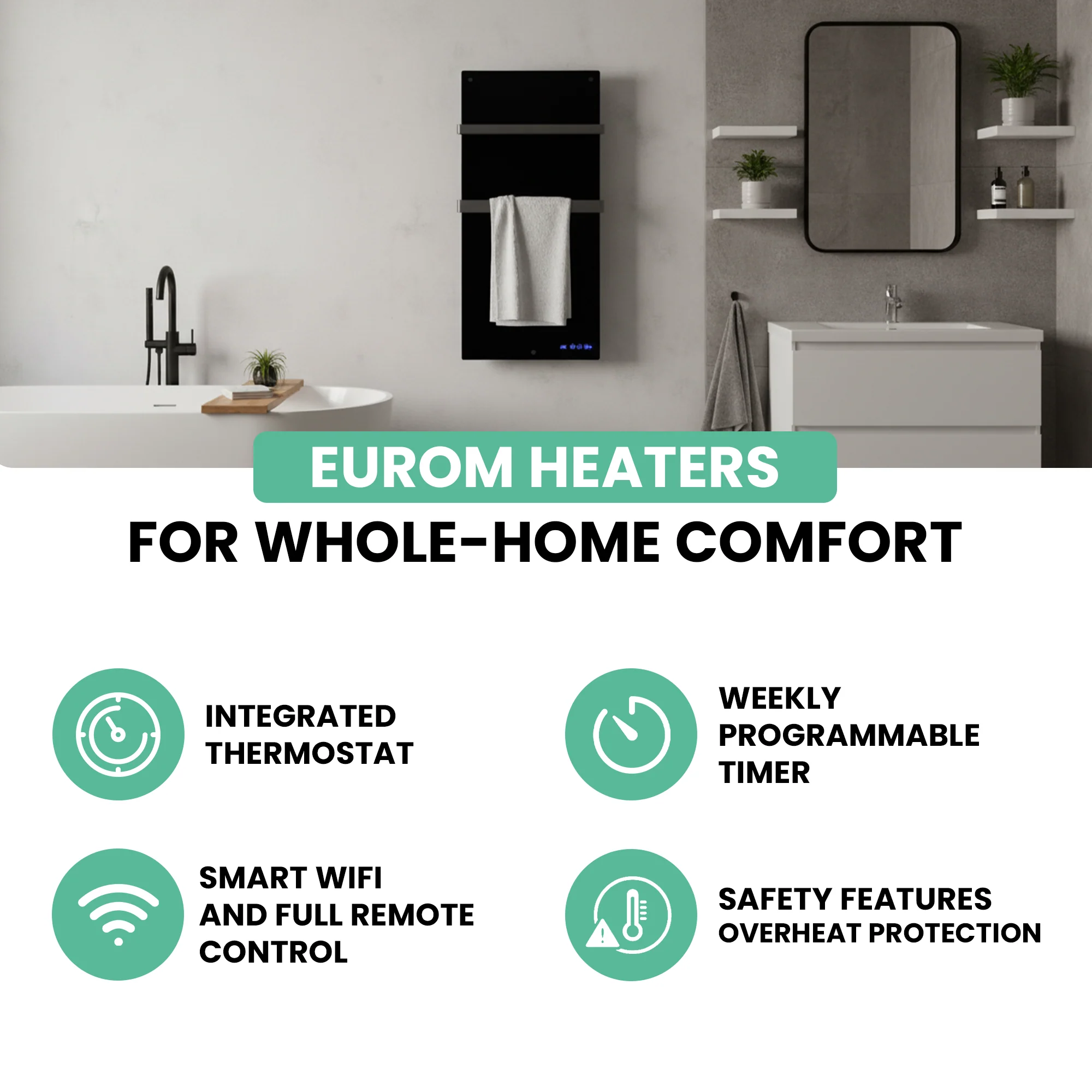 Eurom Sani 800 WiFi Black Infrared Towel Heater – Powerful, Smart Bathroom Heating - Image 4