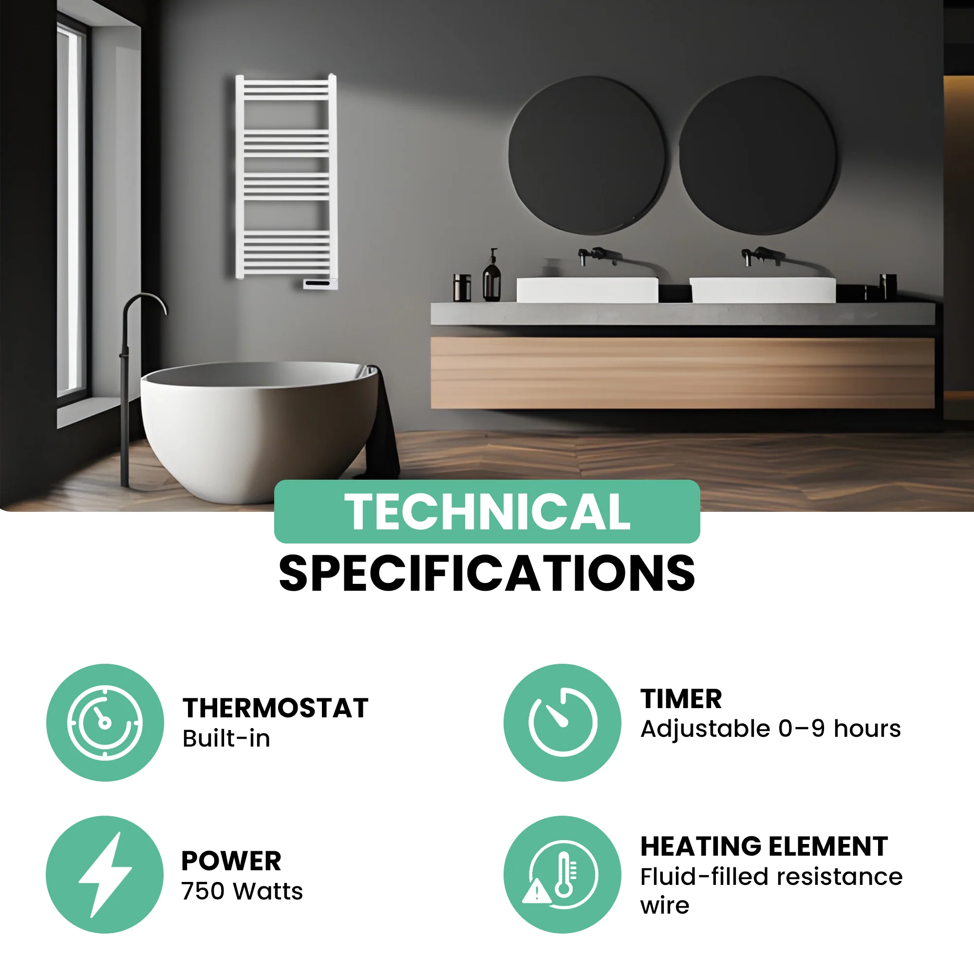 Eurom Sani-Towel 750 White Electric Bathroom Radiator – Powerful and Efficient Towel Warmer with Timer and Safety Features - Image 5