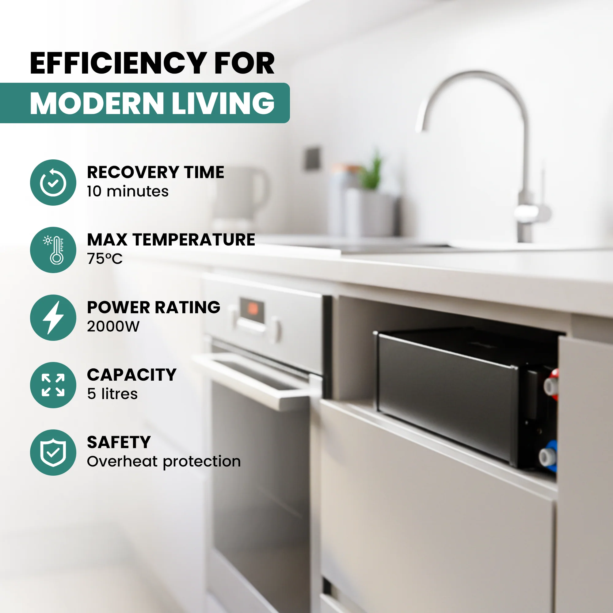 QH 5-Litre Slimline Under-Cupboard Electric Water Heater — 2000W Stainless Steel Point-of-Use - Image 3