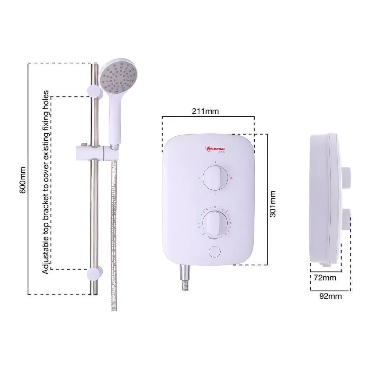 Redring Pure Instant Electric Shower 7.5kW to 10.5kW  — White A-rated Push Button - Image 3