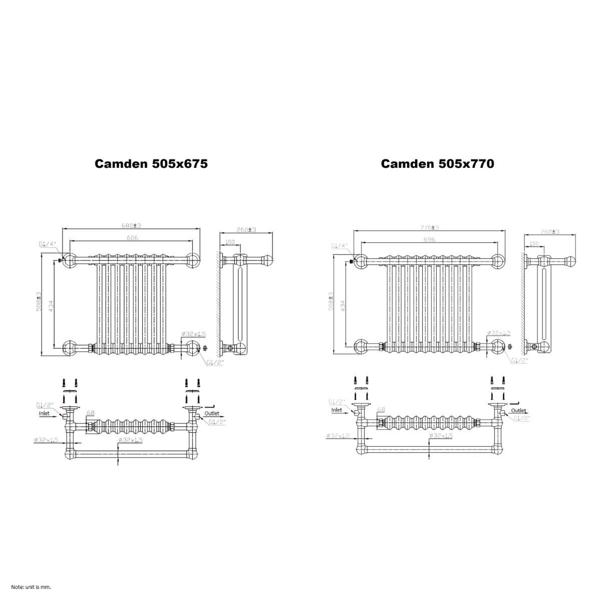 Reina Camden RND-CM02 Traditional Radiator with Rail 770mm x 508mm - Image 5